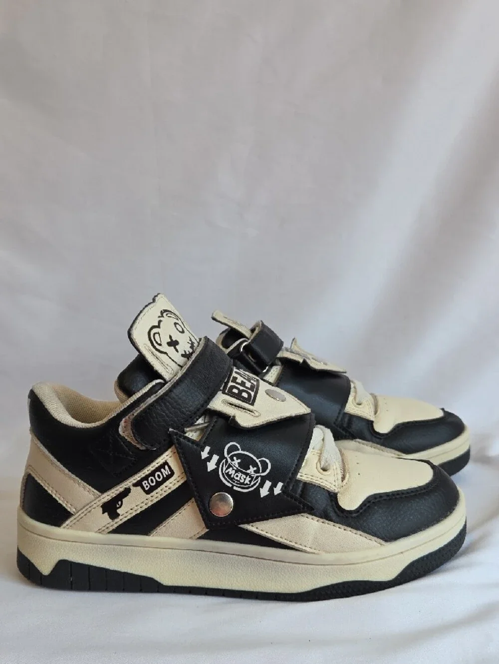 Kids Black and Cream Graphic Strap Sneakers